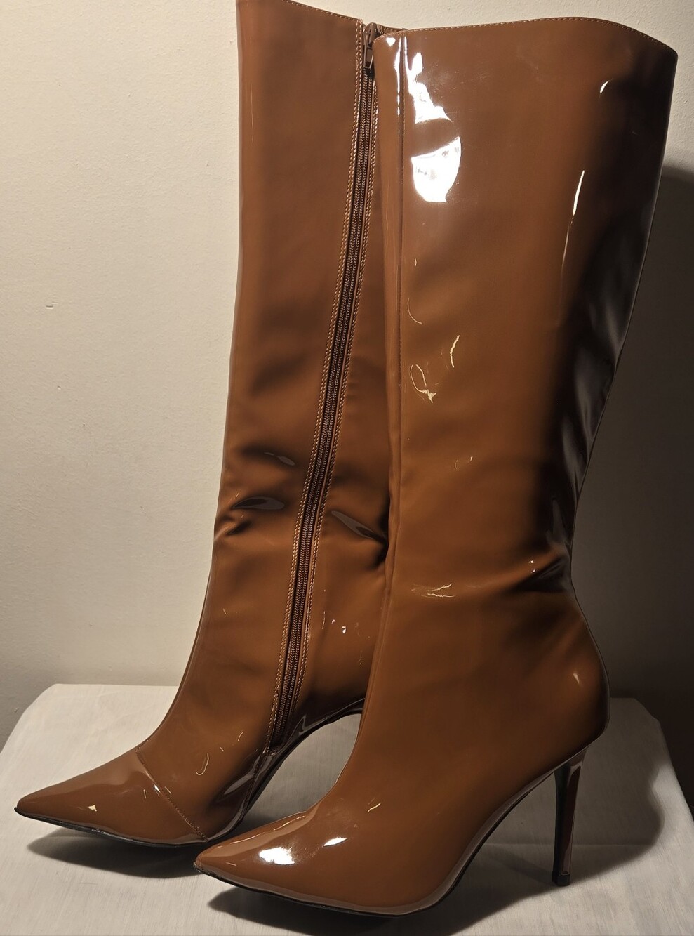 INC Cognac Patent Pointed-Toe Knee-High Boots